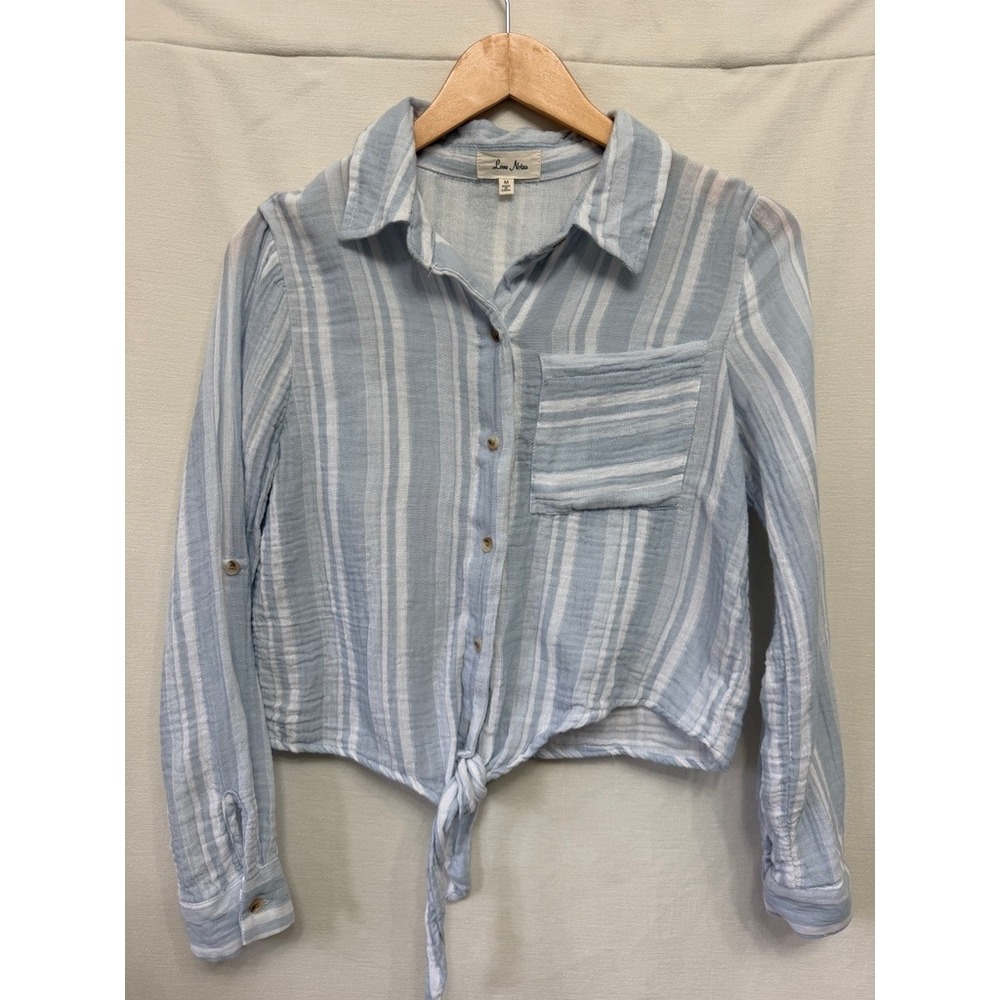 Love Notes Tie Front Cotton Gauze Stripe Shirt Womens Medium Blue Coastal Boho